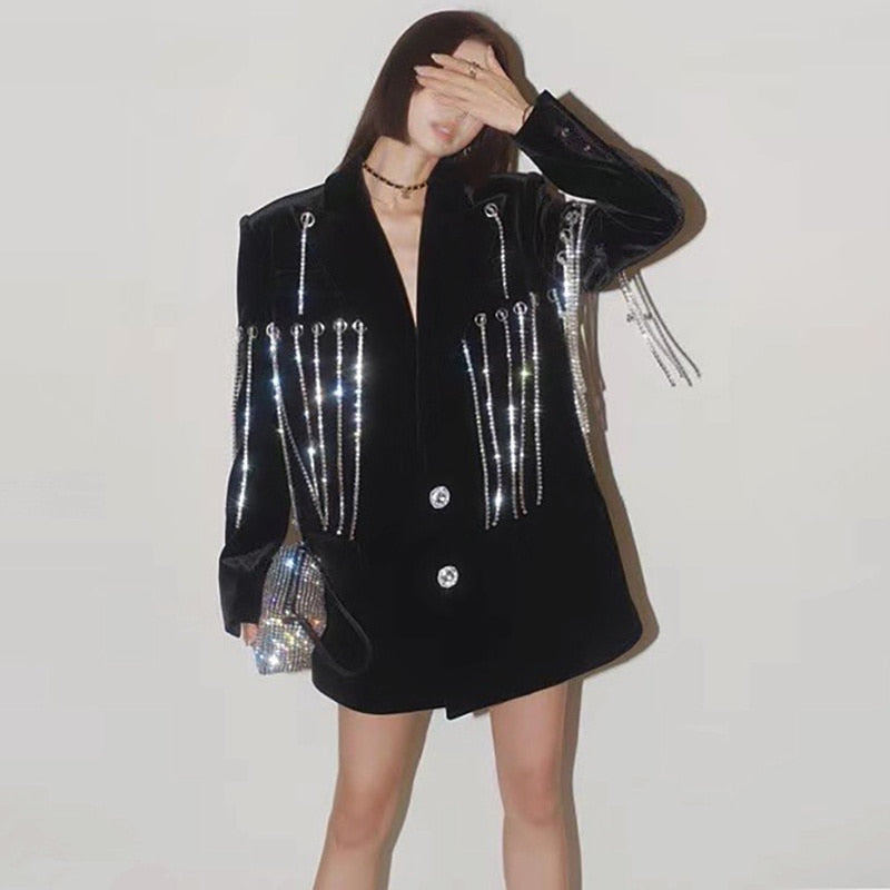 ブラック カジュアル パッチワーク ダイヤモンド タッセル レディース ジャケット