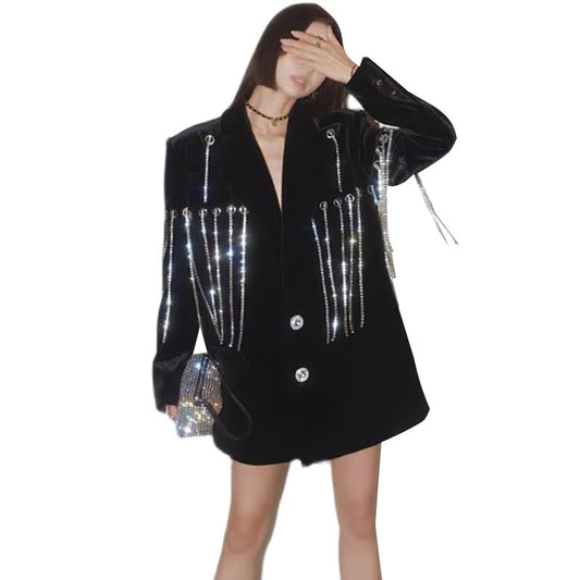 Black Casual Patchwork Diamonds Tassel Female Jacket
