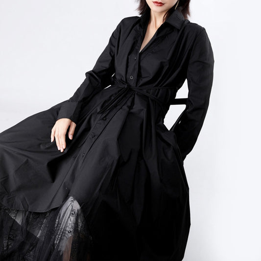 Bandage Stitch Pleated Shirt Dress Women Fashion Tide