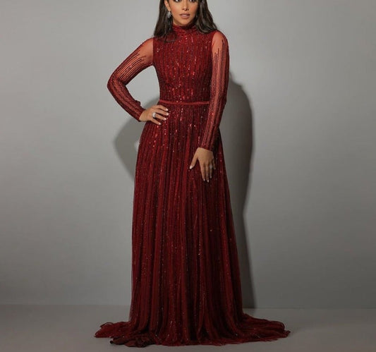 高級イブニングドレス ガウン Aライン スパークルビーズ 女性用 パーティー