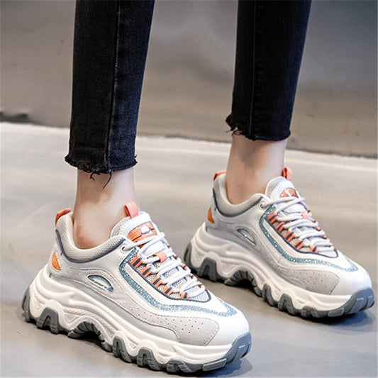 Women Natural Genuine Leather Flat Platform Sneakers