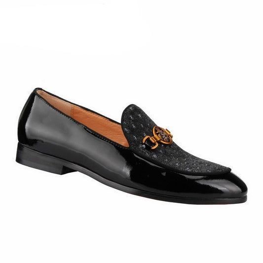 Black Patent leather Moccasin Bee Metal Buckle Slip On Loafers