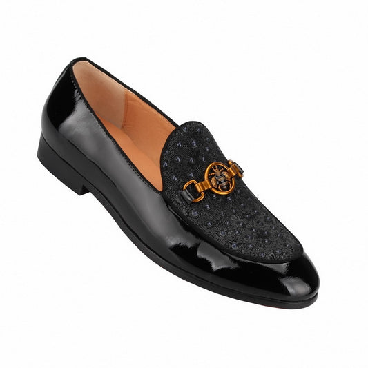 Black Patent leather Moccasin Bee Metal Buckle Slip On Loafers