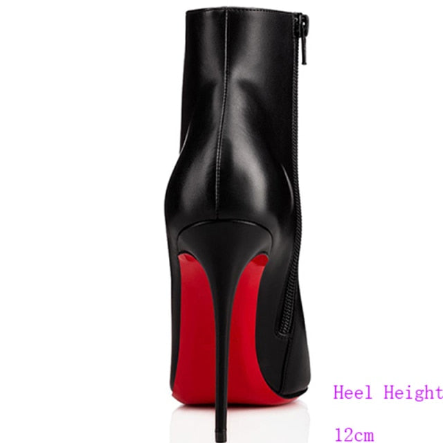 Black Leather Ankle Boots Red Sole Kate Stiletto Heel Pointed Toe