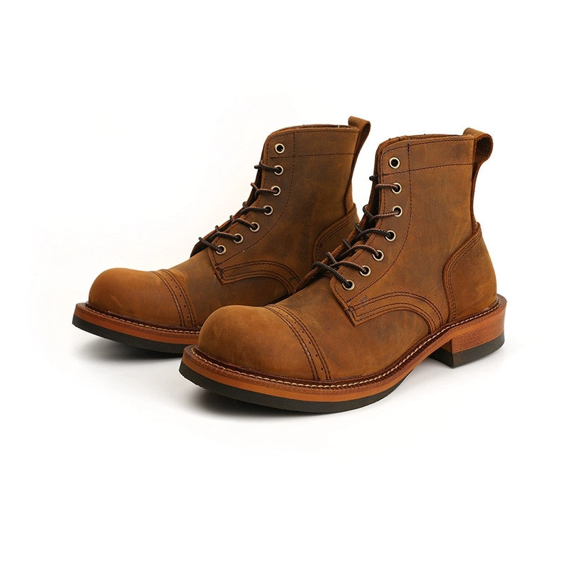 Men Cow Leather Round Toe Wedge Ankle Boots