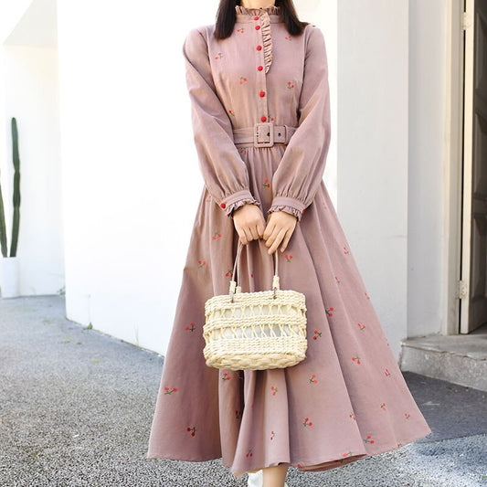 Long Mid-Calf Full Lantern Sleeve Dress With Belt