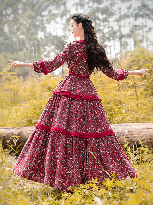 Women Cotton Long Maxi Lantern Sleeve Flower Print  Dress