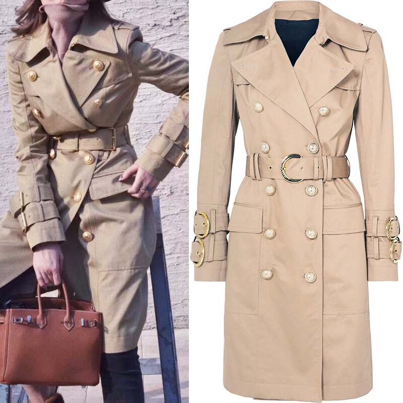 New Khaki double breasted long sleeve belt Lapel fit medium length trench coat can customized big size
