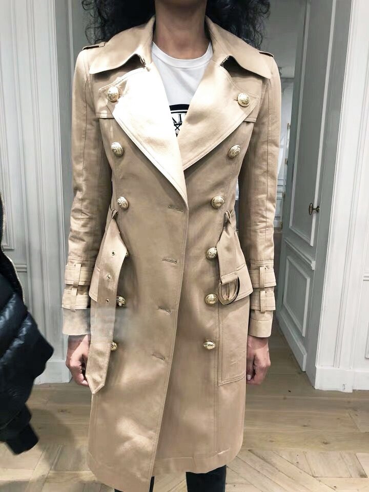 New Khaki double breasted long sleeve belt Lapel fit medium length trench coat can customized big size