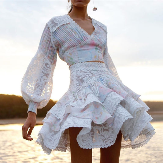 レディース Vネック ランタンスリーブ シャツ ハイウエスト スカート