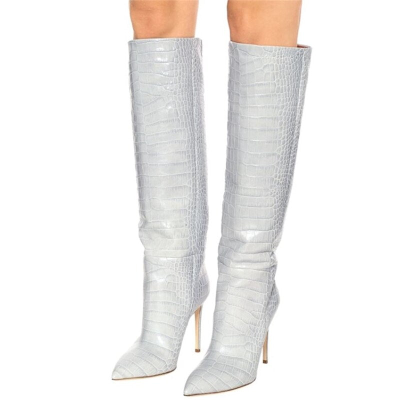 Women Pointy Toe Sexy Knee High Boots Crocodile Print Big Size