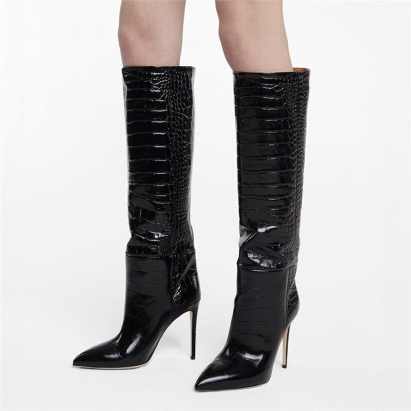Women Pointy Toe Sexy Knee High Boots Crocodile Print Big Size