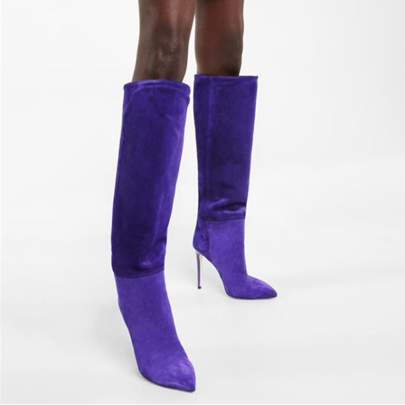 Women Pointy Toe Sexy Knee High Boots Crocodile Print Big Size