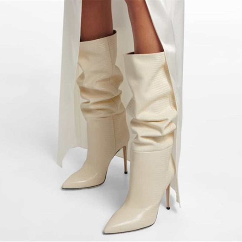 Women Pointy Toe Sexy Knee High Boots Crocodile Print Big Size