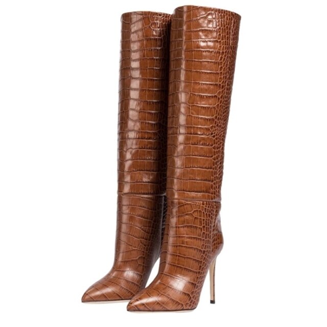Women Pointy Toe Sexy Knee High Boots Crocodile Print Big Size