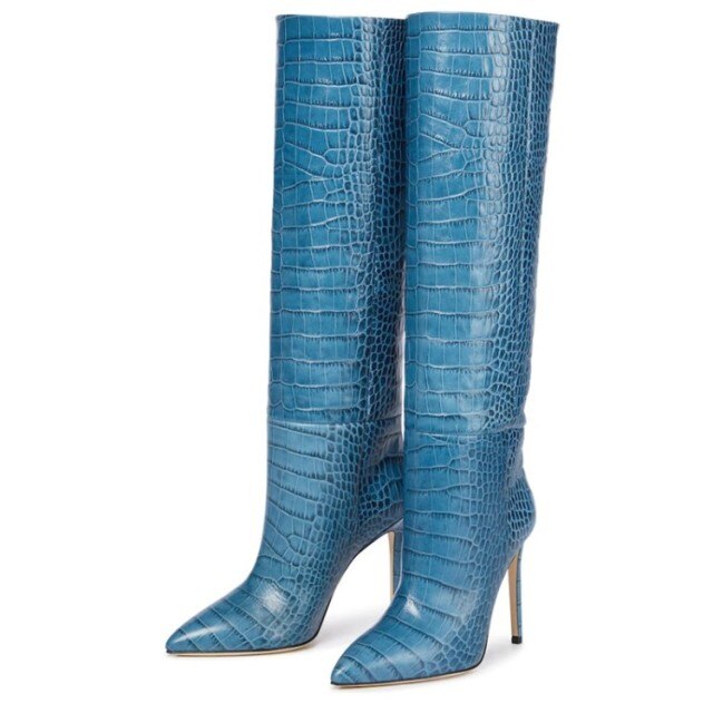 Women Pointy Toe Sexy Knee High Boots Crocodile Print Big Size
