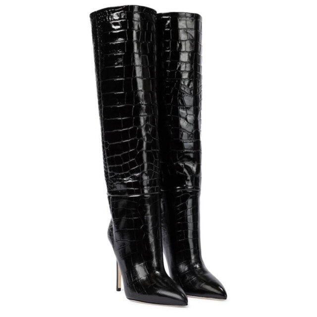 Women Pointy Toe Sexy Knee High Boots Crocodile Print Big Size