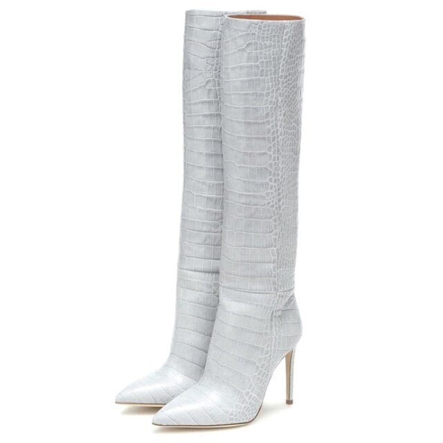 Women Pointy Toe Sexy Knee High Boots Crocodile Print Big Size