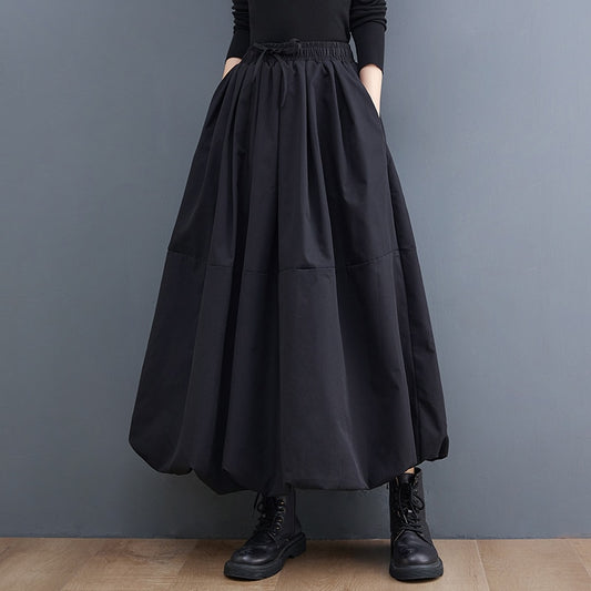 Black Vintage High Waist Pleated Skirt Women Plus Size