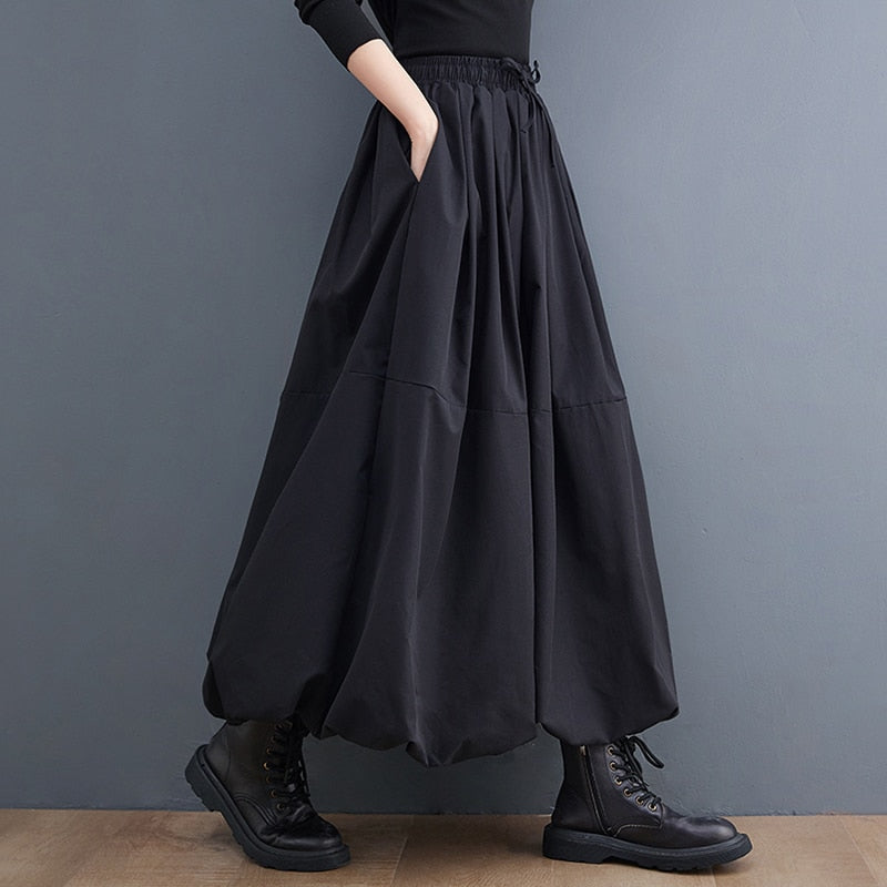 Black Vintage High Waist Pleated Skirt Women Plus Size