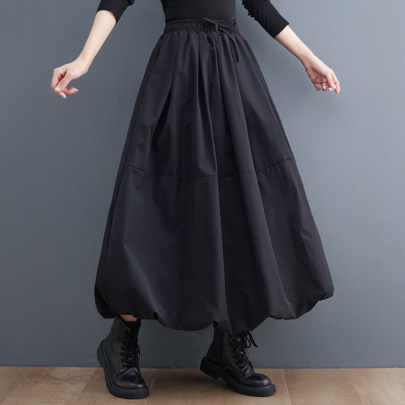 Black Vintage High Waist Pleated Skirt Women Plus Size