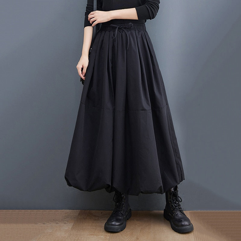 Black Vintage High Waist Pleated Skirt Women Plus Size
