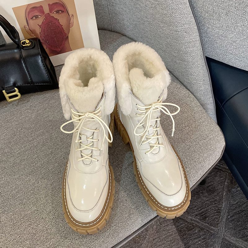 レディース レースアップ プラットフォーム アンクルブーツ 厚手ファー