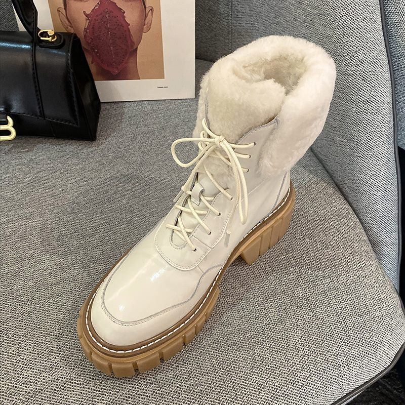 レディース レースアップ プラットフォーム アンクルブーツ 厚手ファー