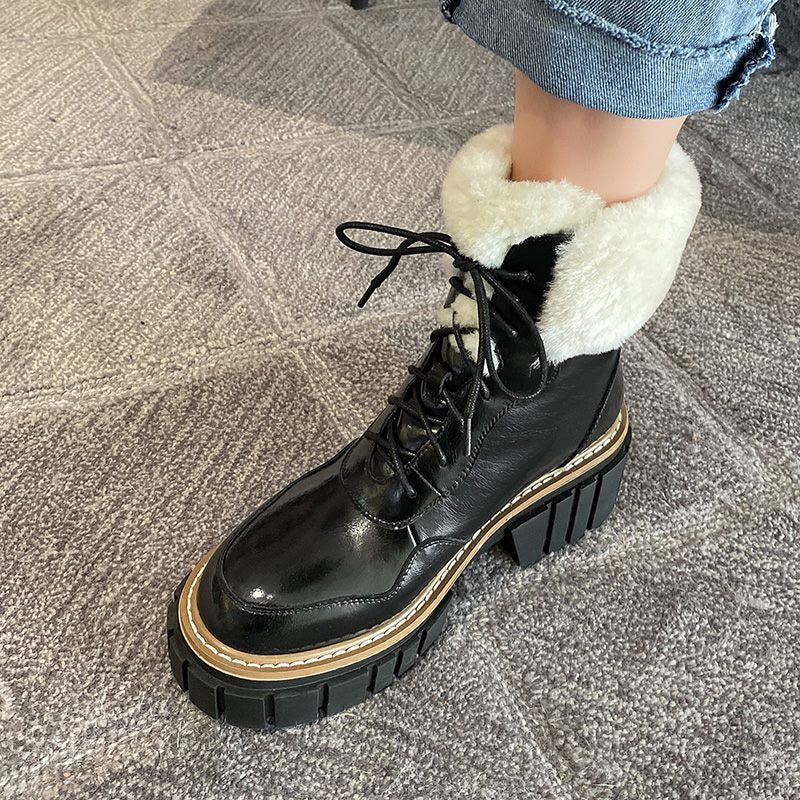 レディース レースアップ プラットフォーム アンクルブーツ 厚手ファー