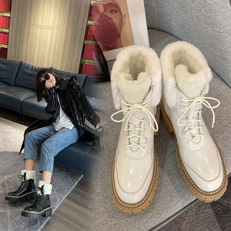 レディース レースアップ プラットフォーム アンクルブーツ 厚手ファー