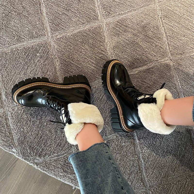 レディース レースアップ プラットフォーム アンクルブーツ 厚手ファー