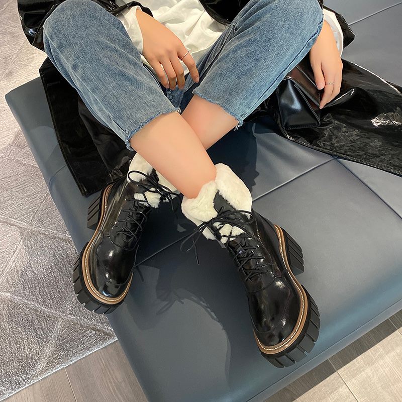 レディース レースアップ プラットフォーム アンクルブーツ 厚手ファー