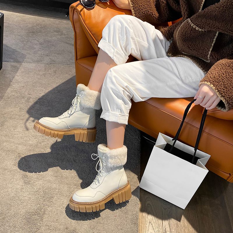 レディース レースアップ プラットフォーム アンクルブーツ 厚手ファー