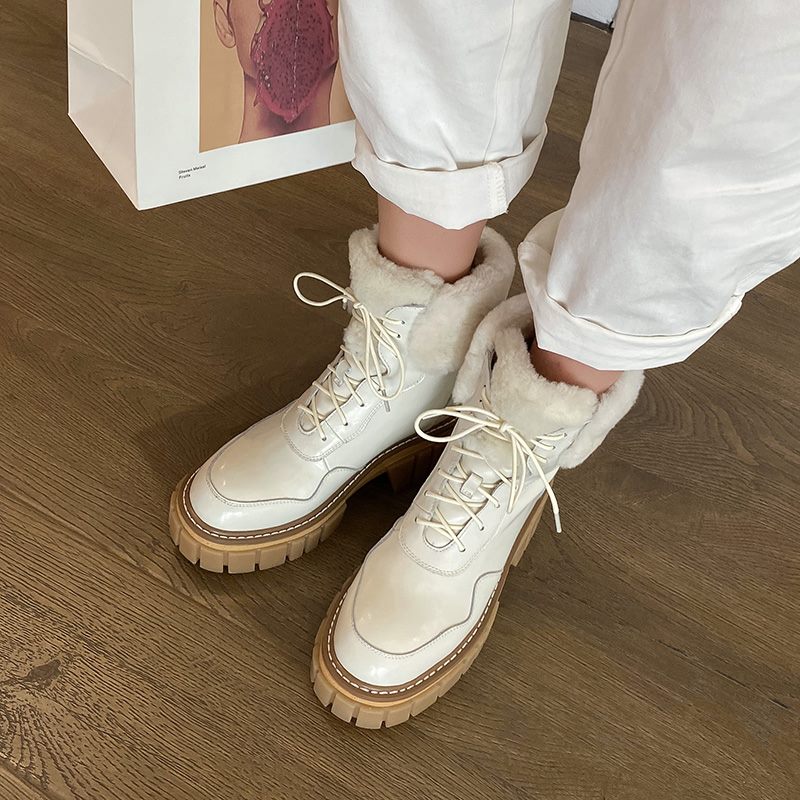レディース レースアップ プラットフォーム アンクルブーツ 厚手ファー