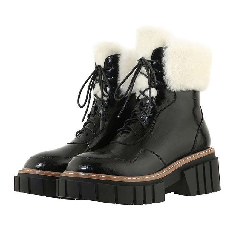 レディース レースアップ プラットフォーム アンクルブーツ 厚手ファー