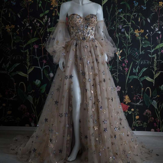 スウィートハートネック スター スパンコール 取り外し可能な袖 プロムドレス