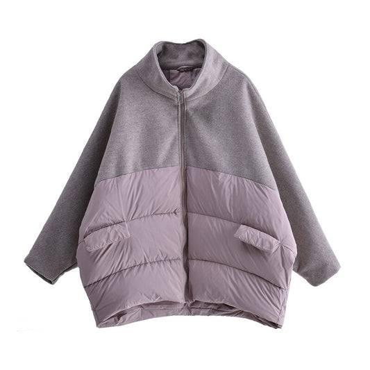 wool patchwork loose stand collar down jacket