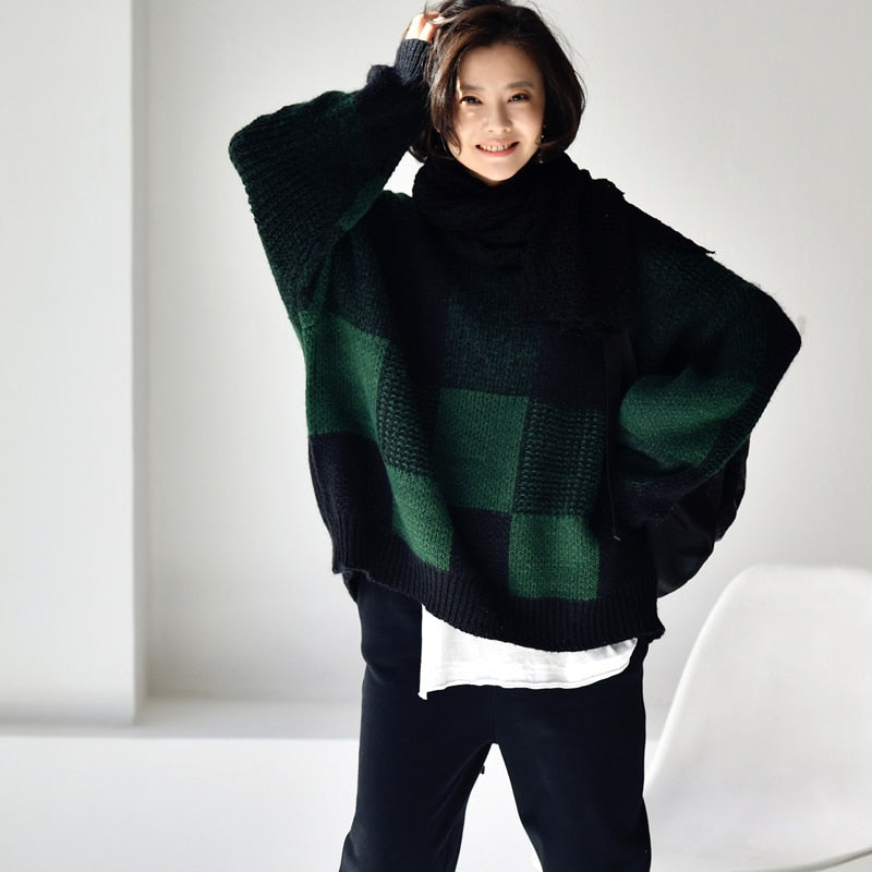 lazy Wool blended round collar plaid sweater