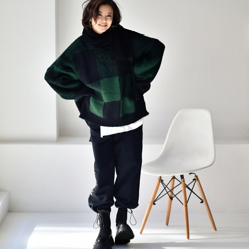 lazy Wool blended round collar plaid sweater