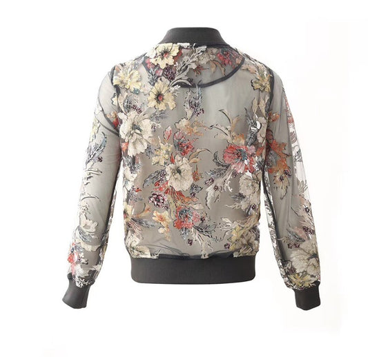 Women Long Sleeve Vintage Print Mesh embroidered Coat