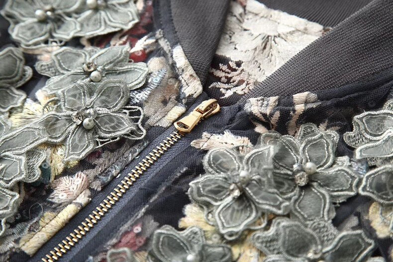 Women Long Sleeve Vintage Print Mesh embroidered Coat