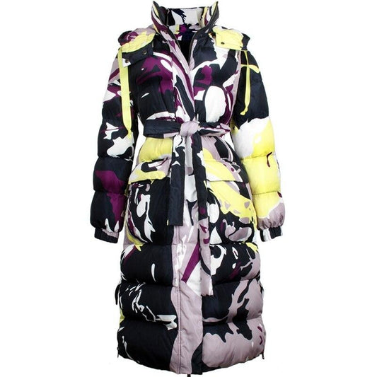 Women vintage camouflage print belt slim thick winter down coat