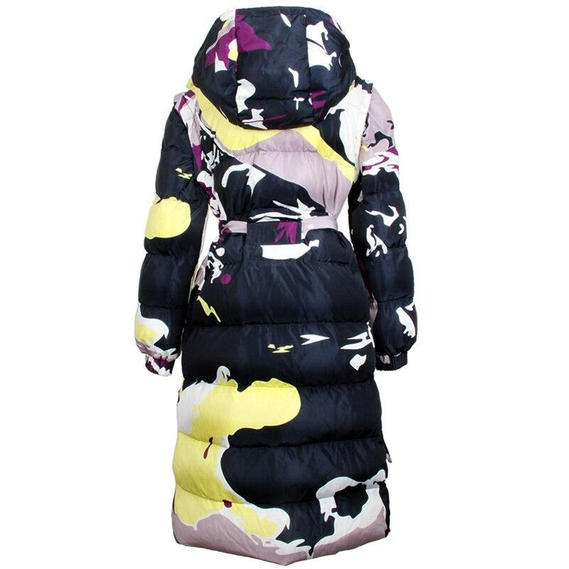 Women vintage camouflage print belt slim thick winter down coat
