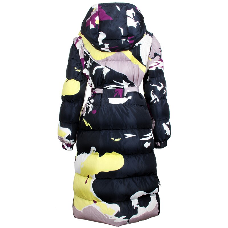 Women vintage camouflage print belt slim thick winter down coat