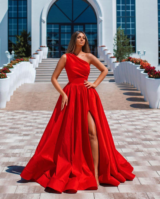 Festival Red A Line Long Prom Dresses Side Split