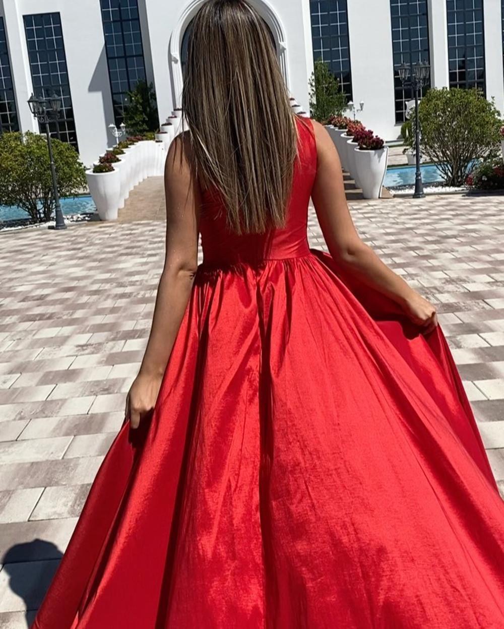 Festival Red A Line Long Prom Dresses Side Split