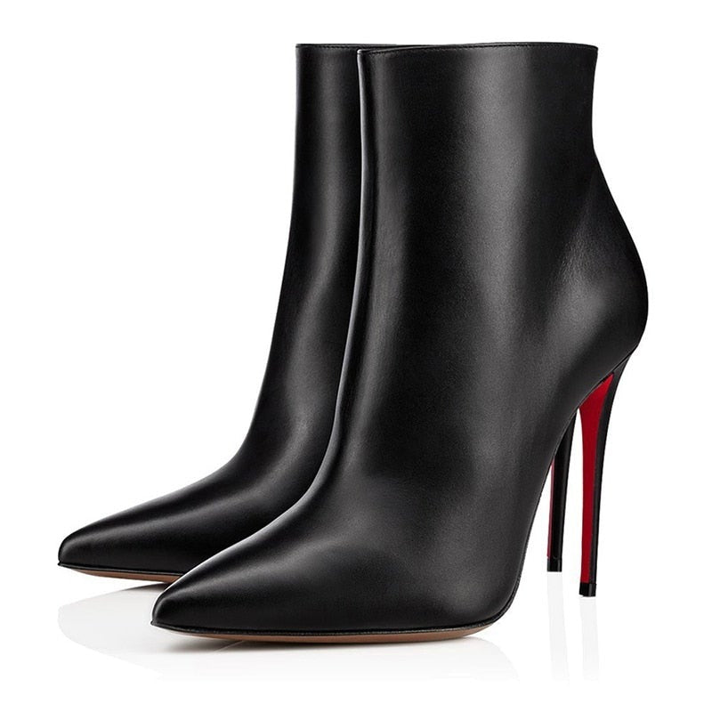 Black Leather Ankle Boots Red Sole Kate Stiletto Heel Pointed Toe
