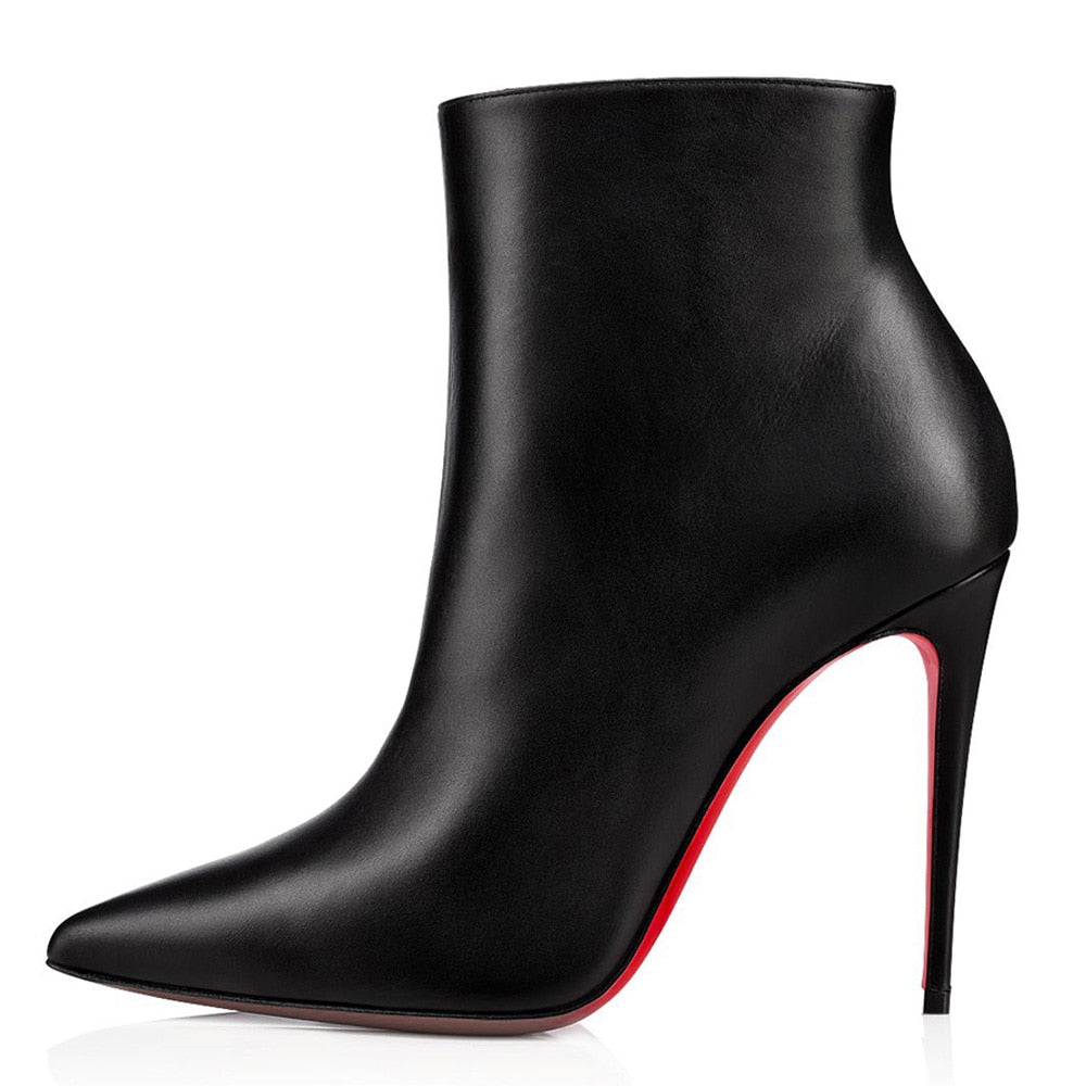 Black Leather Ankle Boots Red Sole Kate Stiletto Heel Pointed Toe