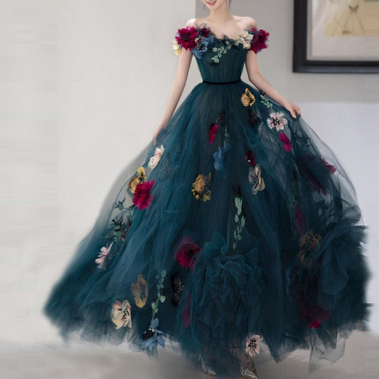 Dark Blue Sweetheart Tulle Dress Lush A-Line Floral Dresses 3D