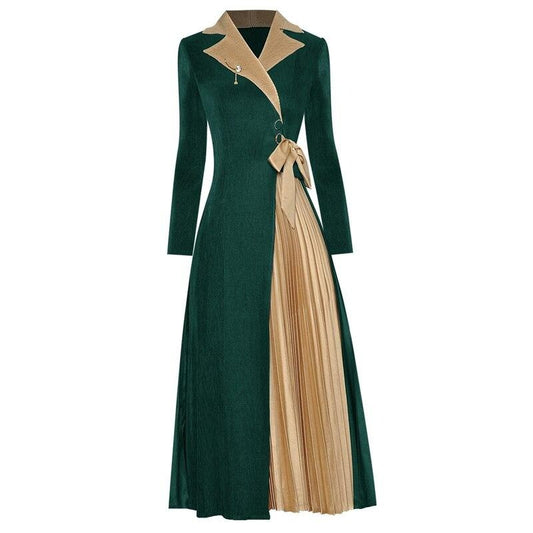 Long sleeve vintage Slim with bow Buttons Pleated dress Women